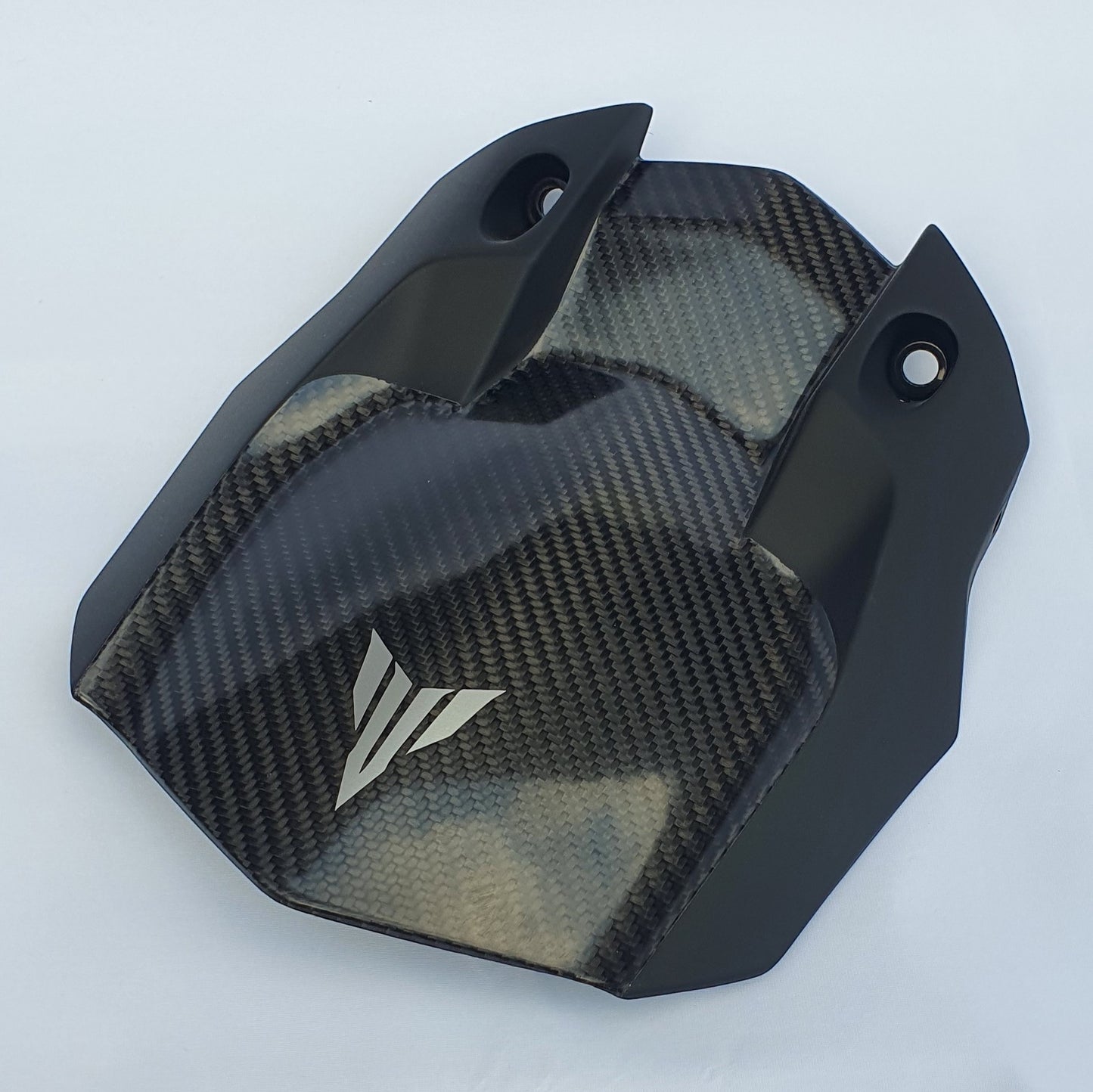 Yamaha MT10 carbon fibre mudguard with matt black painted sides and MT logo decal